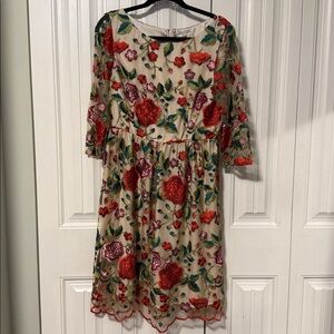 Lace & Mesh Multi coloured Floral Embroidered Dress with tan underlay - Large